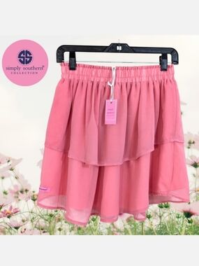 NEW Simply Southern Tiered Chiffon Pink Coral Ruffle Skirt - Size Medium Womens